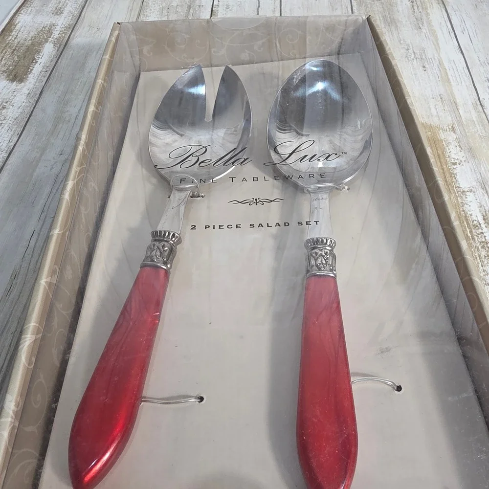 Bella Lux Fine Tableware 2 Piece Salad Set Cameo Red Marbled Handles New